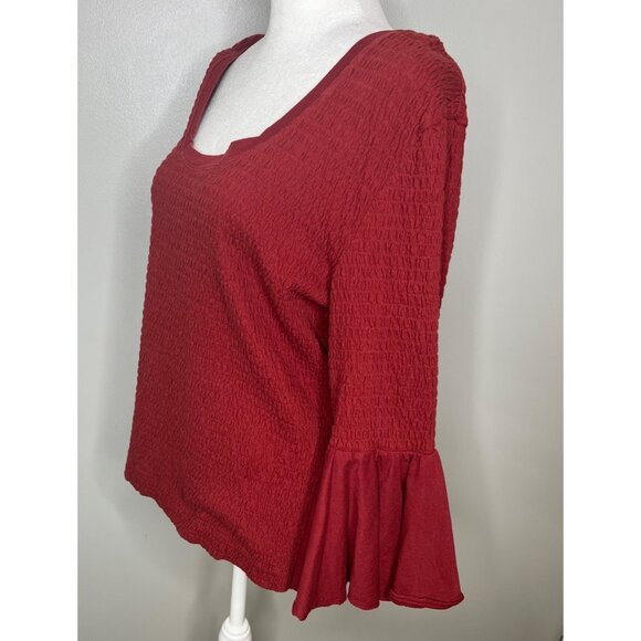 Anthropologie Smocked Red Textured Bell Sleeve Scoop Neck Top Women's XL - Picture 5 of 16